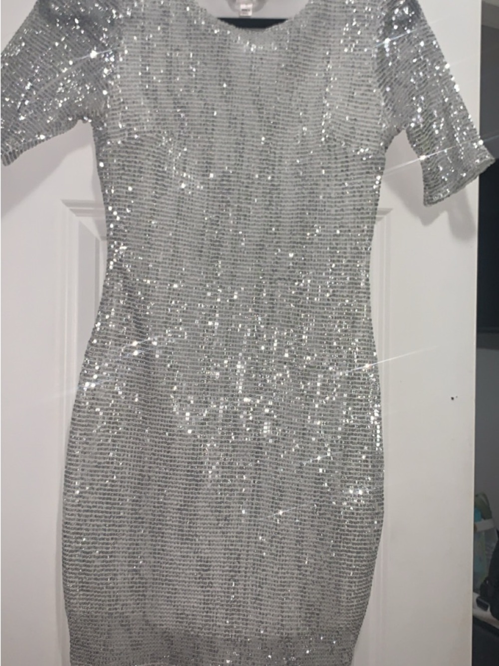 Silver Sequin Short Sleeve Bodycon Dress